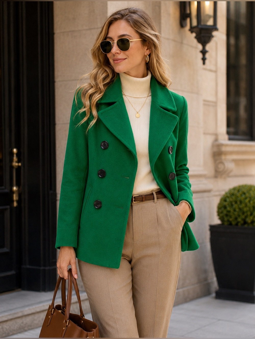 Kelly Green Preppy Wool Blend Peacoat Jacket Double Breasted Career Coat Medium